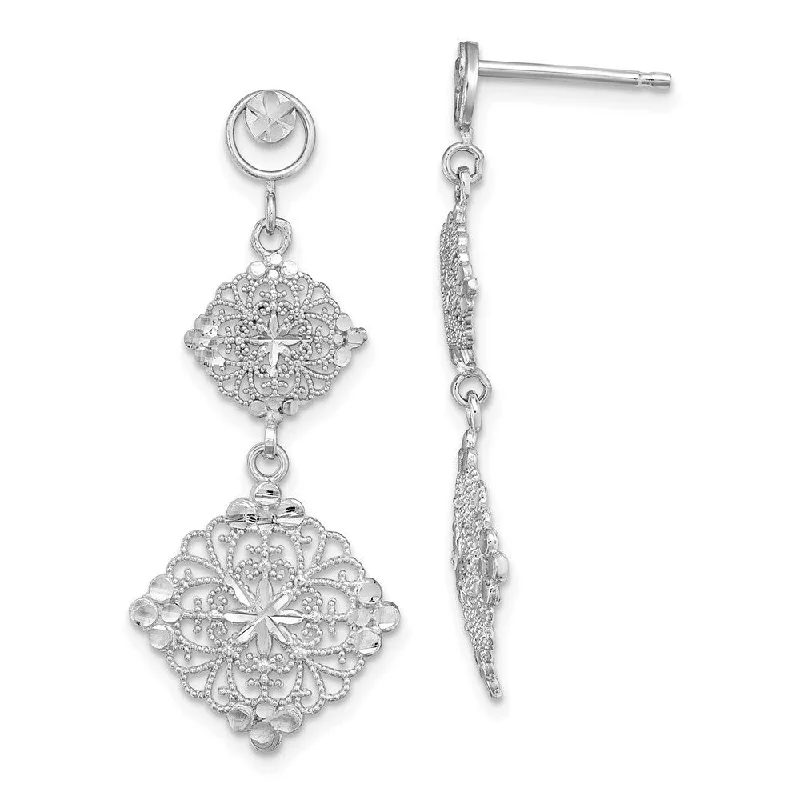 Briolette sapphire earrings-14K White Gold Diamond Cut Filigree Medallion Drop Earrings (L-38 mm, W-15 mm)