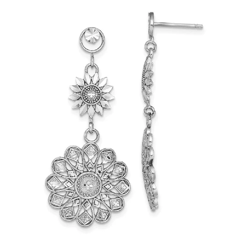 Quartz fleck earrings-14K White Gold Diamond Cut Sunflower Style Double Drop Earrings (L-40 mm, W-17.5 mm)