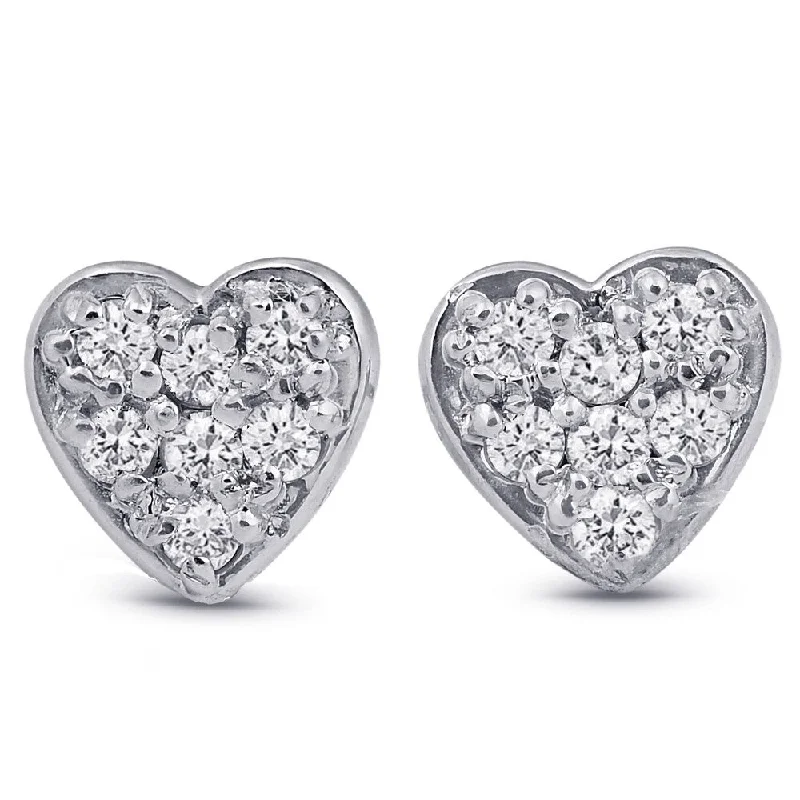 Textured ridge earrings-14K White Gold Diamond Pave Small Heart Studs Dainty High Polished 5.7MM