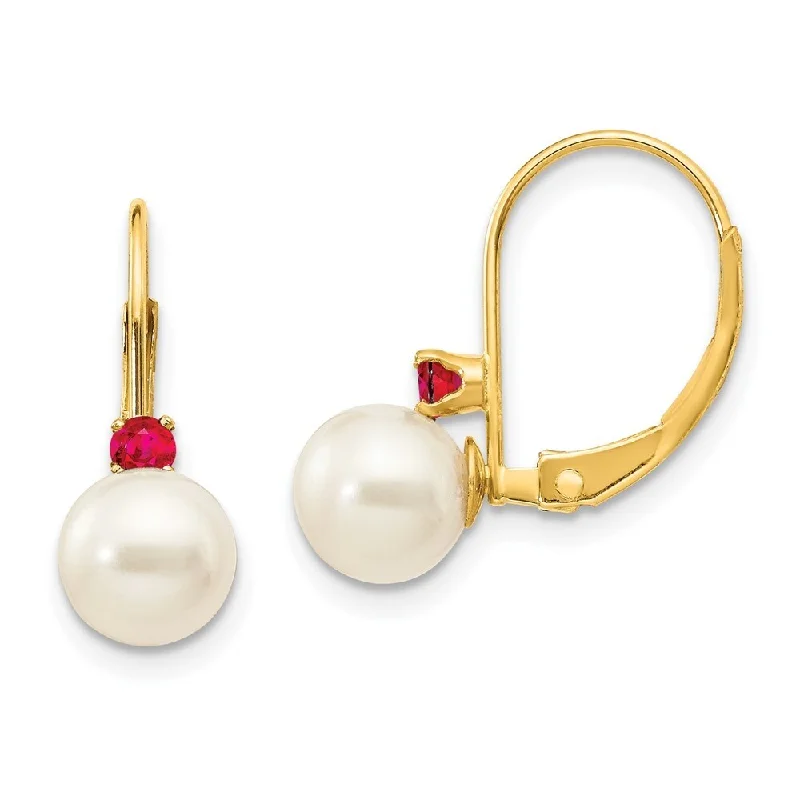 Morning haze earrings-14k Yellow Gold 6-6.5mm White Pearl & .10ct. Ruby Drop Earrings (L-15 mm, W-6 mm)