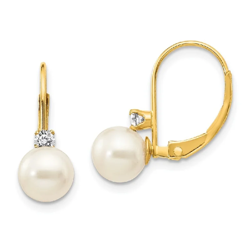 Pegged design earrings-14k Yellow Gold 6mm Pearl AA Diamond Lever back Earrings (L-15 mm, W-6 mm)