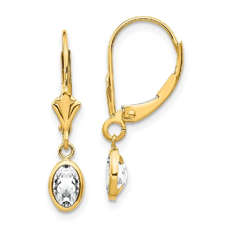 Subtle twist earrings-14k Yellow Gold 6x4 Oval Bezel April White Gemstone Lever back Earrings (L-23 mm, W-4 mm)