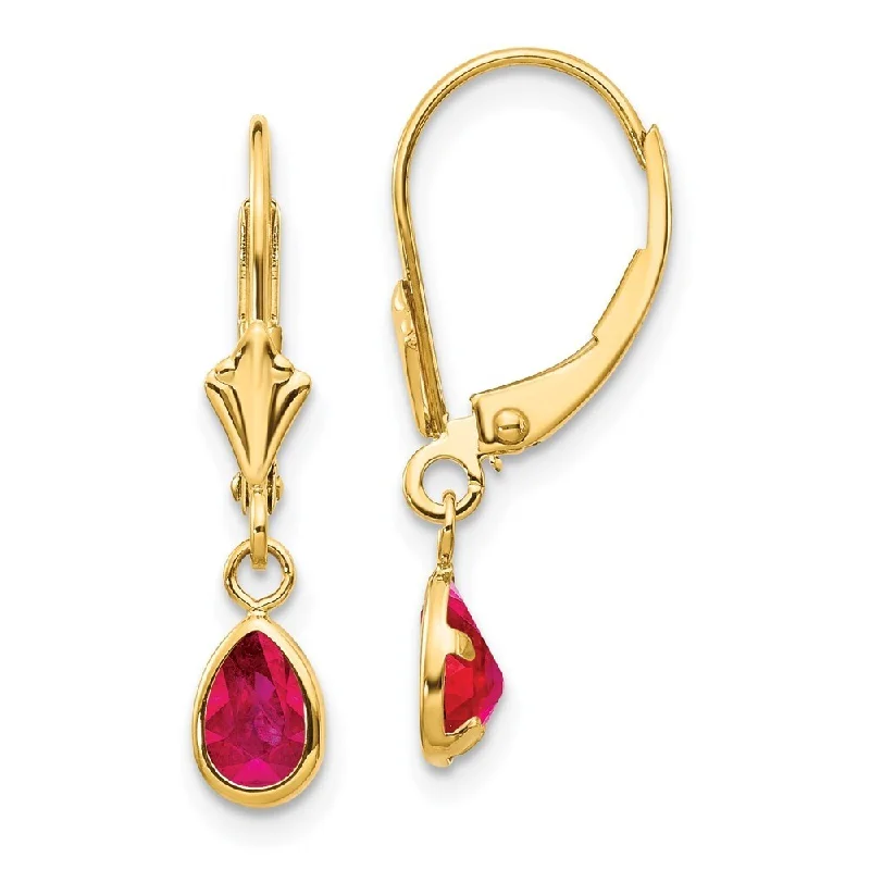 Lined gem earrings-14k Yellow Gold 6x4mm Ruby July Lever back Earrings (L-23 mm, W-4 mm)