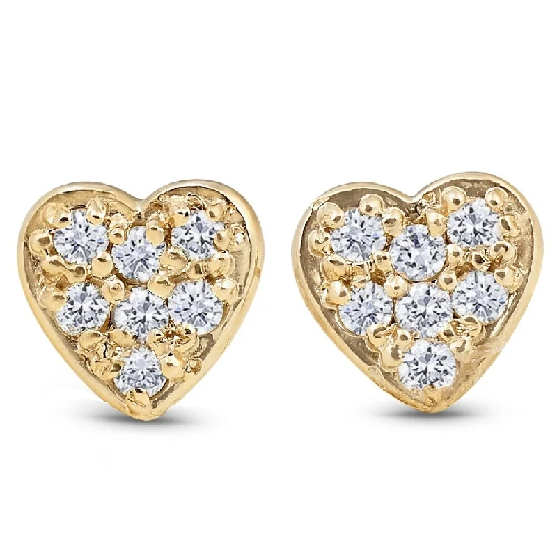 Clam shell earrings-14K Yellow Gold Diamond Pave Petite Heart Studs Dainty High Polished 5.7MM