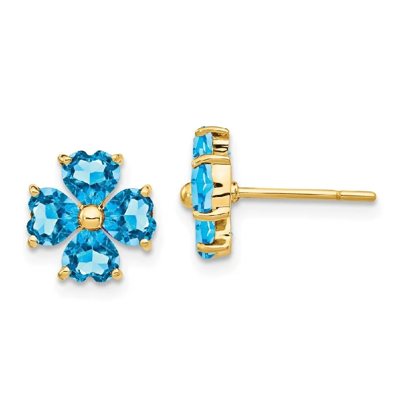 Bent twig earrings-14k Yellow Gold Heart-shaped Swiss Blue Gemstone Flower Earrings (L-9 mm, W-9 mm)