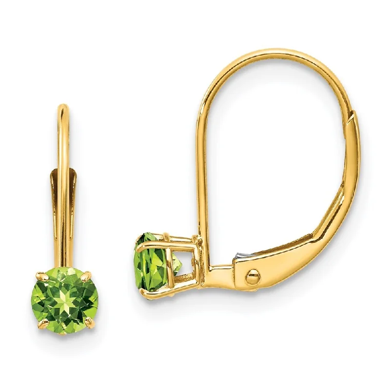 Birch wood earrings-14k Yellow Gold Round August Peridot Dangle Earrings w/ Leverback (L-13 mm, W-4 mm)