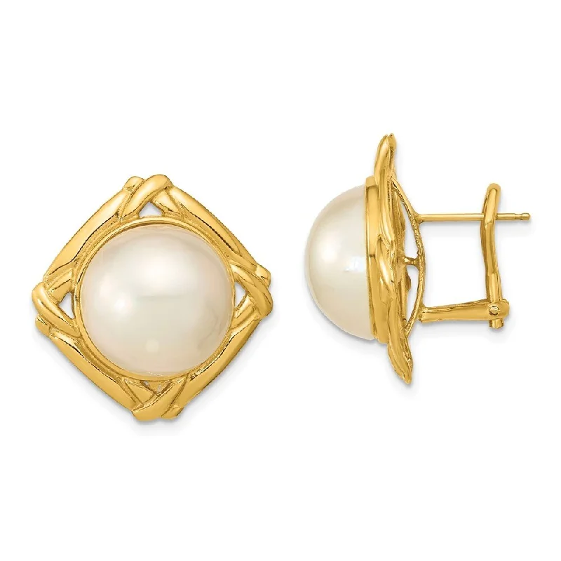 Muted tint earrings-14k Yellow Gold White Mabe Freshwater Cultured Pearl Omega Back Earrings (L-13 mm, W-14 mm)