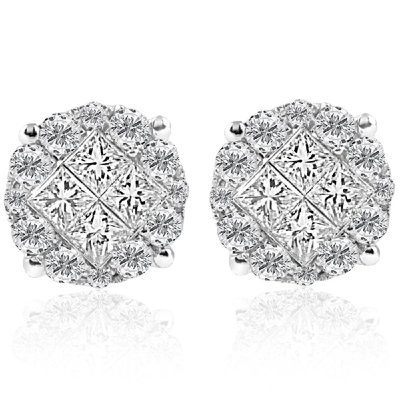 Bamboo braid earrings-18k White Gold 1 ct TDW Diamond Cluster Illusion Princess Cut Round Studs