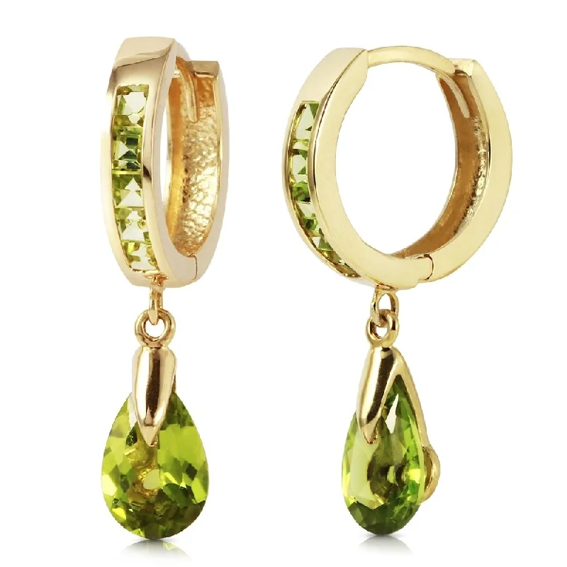 Maple grain earrings-3.9 Carat 14K Solid Gold Huggie Earrings Dangling Peridot