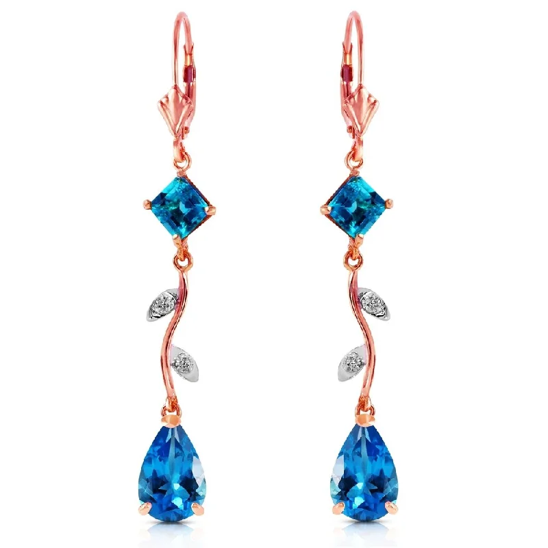 Summit ridge earrings-3.97 Carat 14K Solid Rose Gold Chandelier Earrings Natural Diamond Blue Topaz