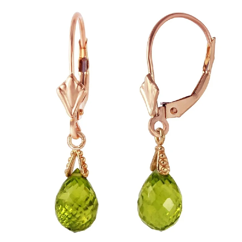 Narrow bezel earrings-4.5 Carat 14K Solid Rose Gold Leverback Earrings Briolette Peridot