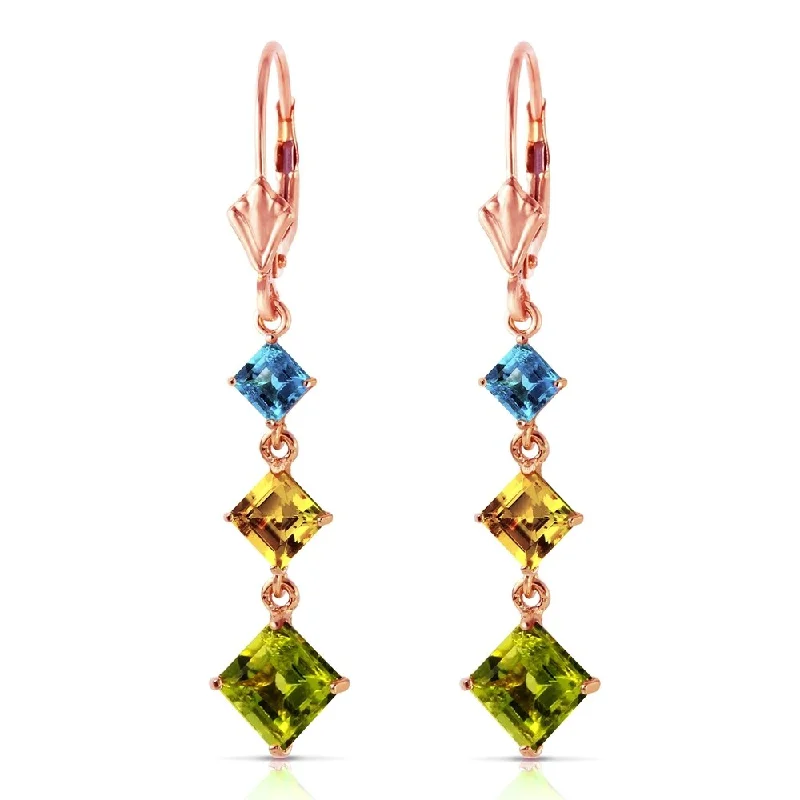 Braided cord earrings-4.8 Carat 14K Solid Rose Gold Chandelier Earrings Blue Topaz, Citrine Peridot