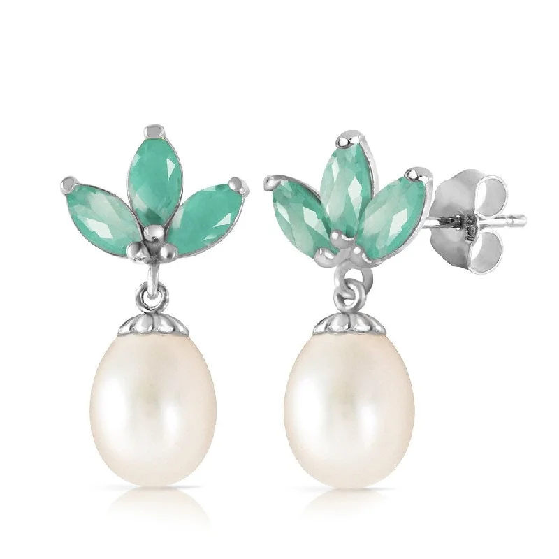 Tidal ripple earrings-9.5 Carat 14K Solid White Gold Dangling Earrings pearl Emerald