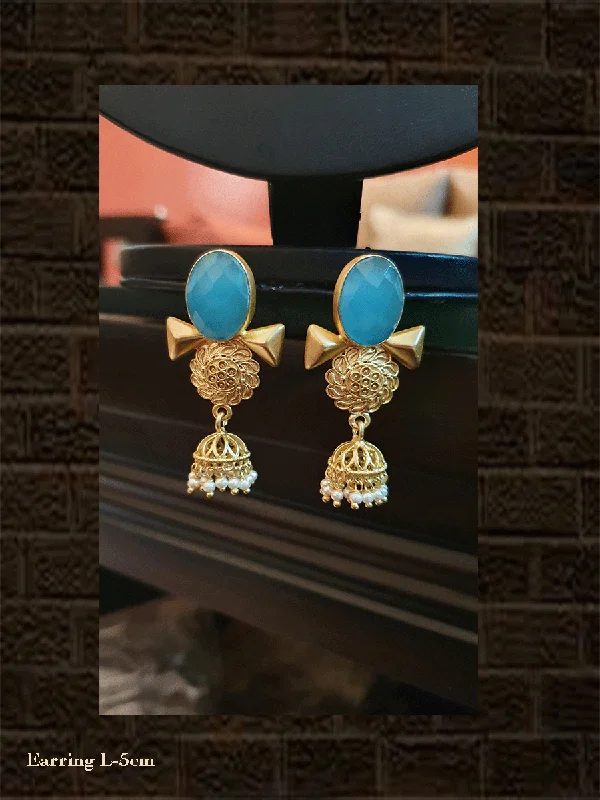 Brass relic earrings-Aquablue stone matt gold finish jhoomki earring