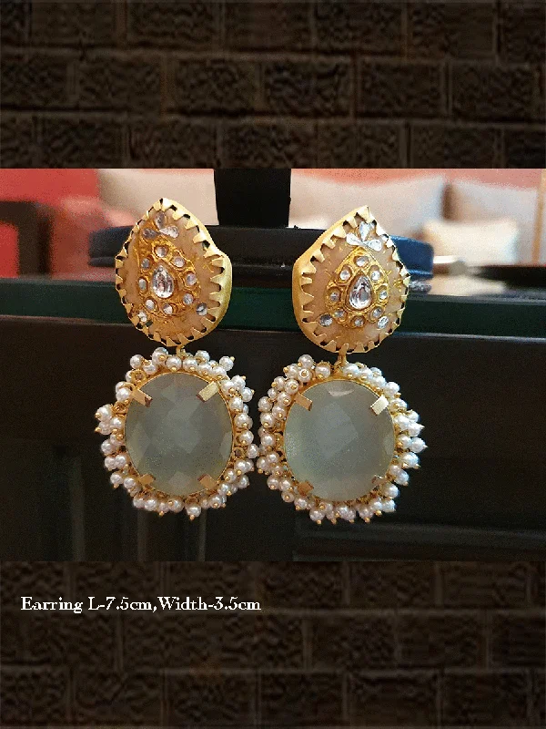 Textured ridge earrings-Beige stone with kundan work and oval big aqua green natural stone earring with pearly cluster