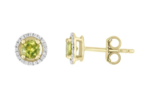 Indigo turquoise earrings-Round Shape Peridot and Diamonds Solitaire/Stud Earrings in 14K Yellow Gold (0.64ctw)