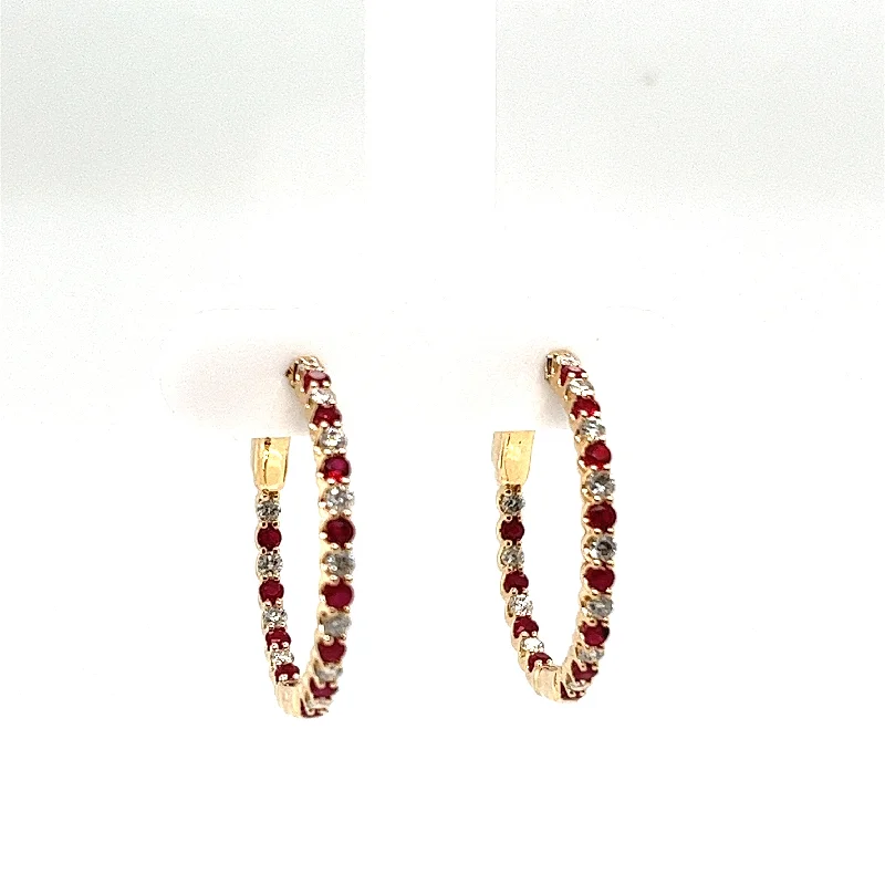 Ash bead earrings-Round Shape Ruby and Diamond Medium Hoop Earrings in 14K Yellow Gold (1.10ctw)