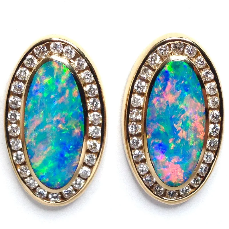 Muted tint earrings-Opal Earrings Oval Inlaid Design with .73ctw Round Diamonds Halo