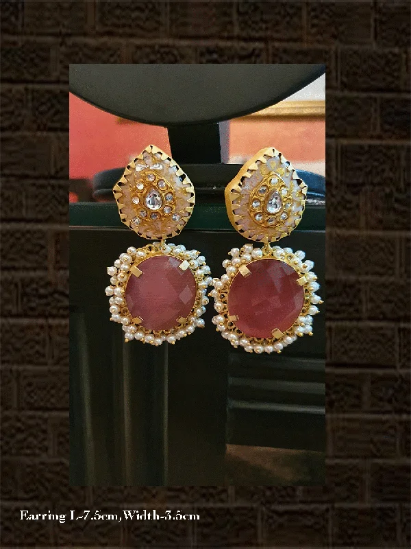 Root curl earrings-White stone with kundan work and oval big pink natural stone earring with pearly cluster