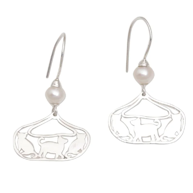 Prairie stalk earrings-Cultured Pearl Dangle Earrings, 'Cat Parade' (Indonesia) - 1.5L*0.9W