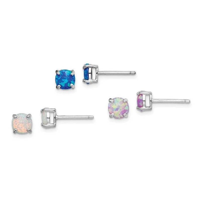 Amber topaz earrings-Curata 925 Sterling Silver Rhodium Plated Simulated Opal Set Of 3 Stud Earrings