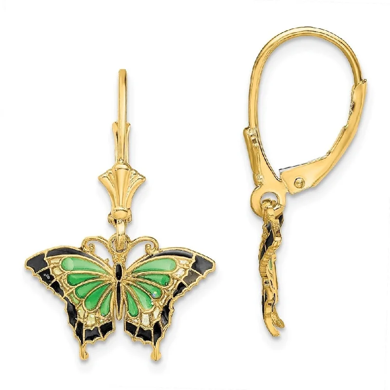 Coiled sprig earrings-Diamond2Deal 14K Yellow Gold Butterfly with Green Enameled Wings Leverback Dangle Earrings (L- 1.05 Inch, W-0.68 Inch)