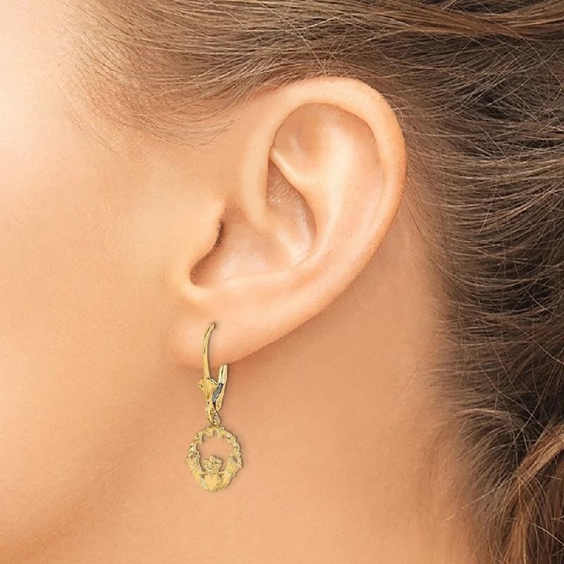 Orbit swirl drop earrings-Diamond2Deal 14K Yellow Gold CLADDAGH IN CIRCLE LACE TRIM/Leverback Earrings with Leverback (L-27 mm, W-10.8 mm)