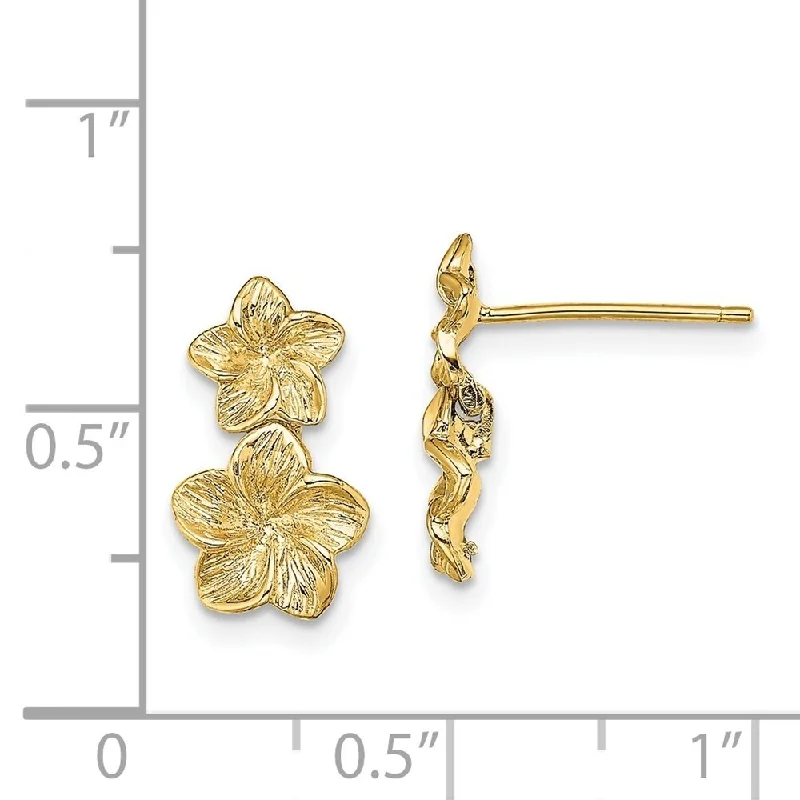 Amber topaz earrings-Diamond2Deal 14K Yellow Gold Double Plumeria Flower Dangle Earrings (L-13.5 mm, W-8 mm)