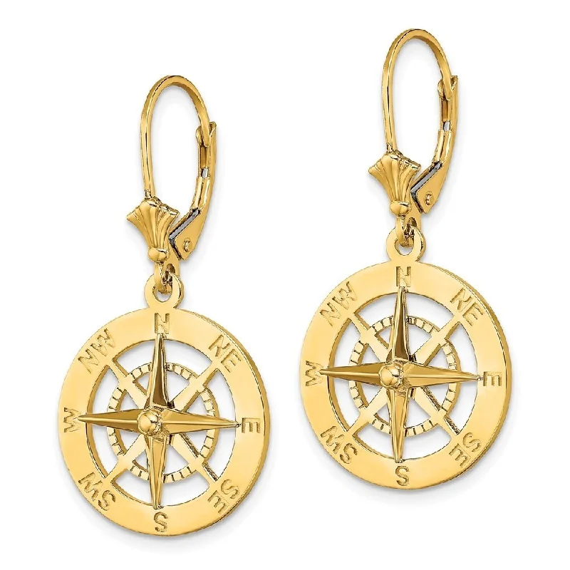 Tiered stone earrings-Diamond2Deal 14K Yellow Gold Nautical Compass Leverback Dangle Earrings (L- 1.36 Inch)