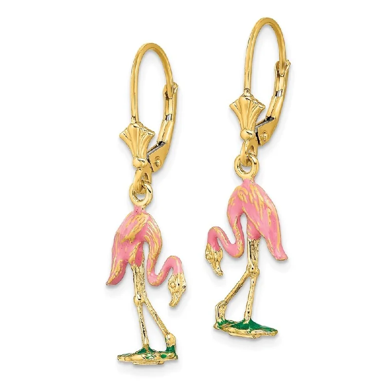 Tusk spike earrings-Diamond2Deal 14K Yellow Gold with Enamel 3-D Flamingo Leverback Dangle Earrings (L- 1.4 Inch, W-0.45 Inch)