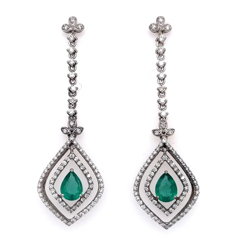 Clumped gem earrings-Estate Pear Shape Emeralds and Diamond Dangle Earrings in 18K White Gold (3.27ctw)