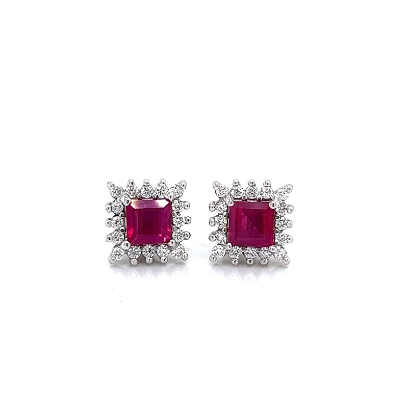 Lined gem earrings-Estate Princess Shape Rubies and Diamond Solitaire/Stud Earrings in 18K White Gold (1.24ctw)