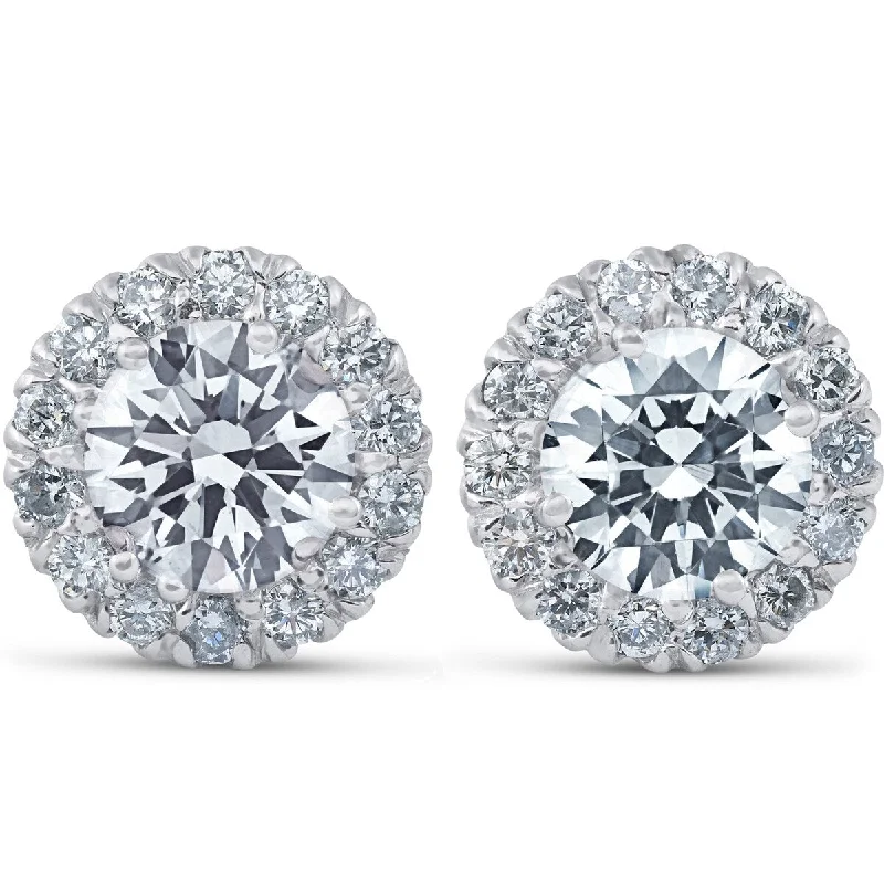 Ash bead earrings-F/VS 3Ct Round Halo Diamond Studs 14k White Gold Lab Grown 11.5mm