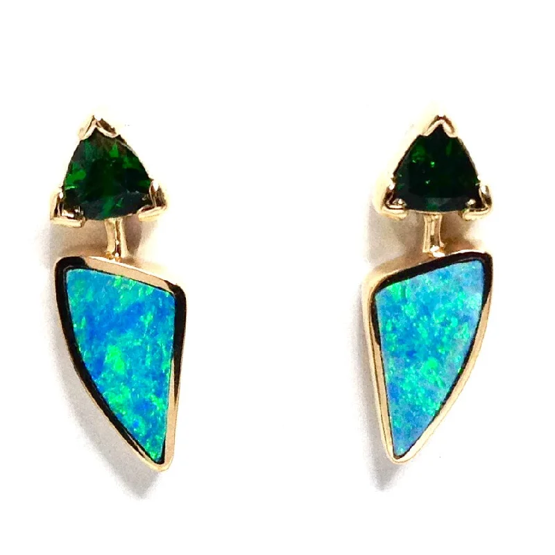 Raw gem earrings-Opal Earrings Triangle Inlaid with Trillion Cut Tsavorite Design Studs