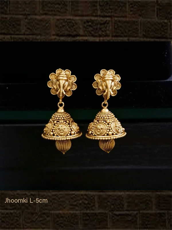 Ragged edge earrings-Ganpatiji face on flower top jhoomki with Kalash design on domb