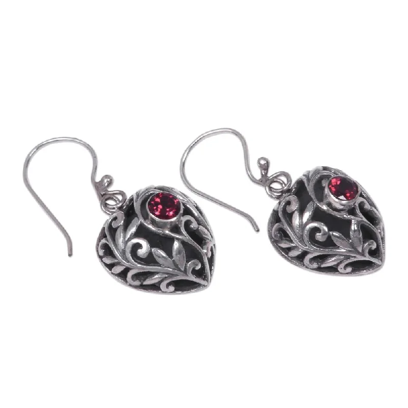 Ragged edge earrings-Garnet Dangle Earrings, 'Heart in the Forest' (Indonesia) - 1.4L*0.6W