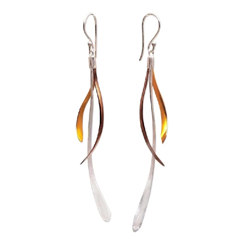 Orbit swirl drop earrings-Handmade Jimbaran Tendrils Gold and Rose Gold Accented Sterling Silver Dangle Earrings (Indonesia) - 3.8*0.6