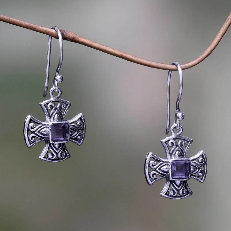 Glossy gem earrings-Handmade Maltese Cross Sterling Silver Dangle Cross Earrings (Indonesia)