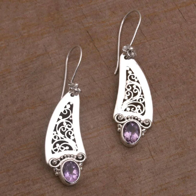 Tinted gem earrings-Handmade Sterling Silver 'Beautiful Vines' Amethyst Earrings (Indonesia)