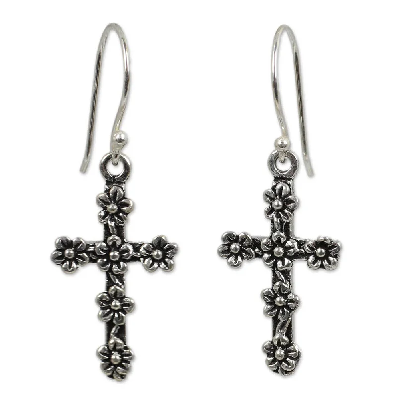 Coiled sprig earrings-Handmade Sterling Silver Blooms and Crosses Earrings (Thailand)