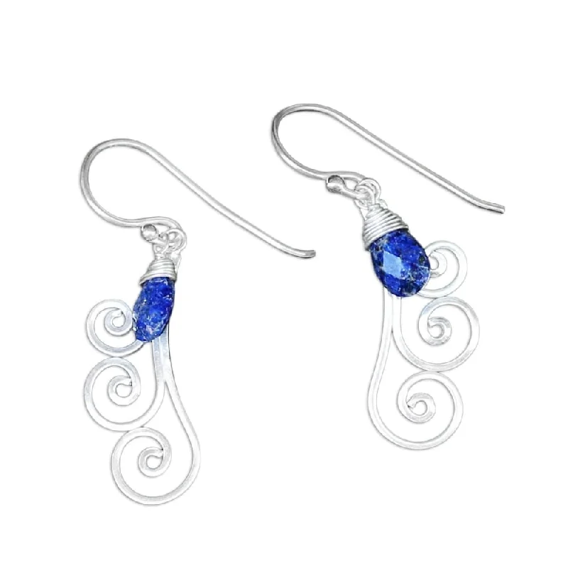 Birch wood earrings-Handmade Sterling Silver 'Chiang Mai Dew' Lapis Lazuli Earrings (Thailand)