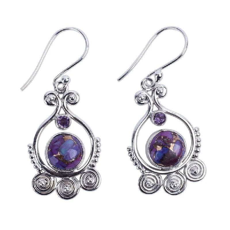 Vermilion ruby earrings-Handmade Sterling Silver 'Exotic Swirls' Turquoise Amethyst Earrings (India) - 1.7*0.7