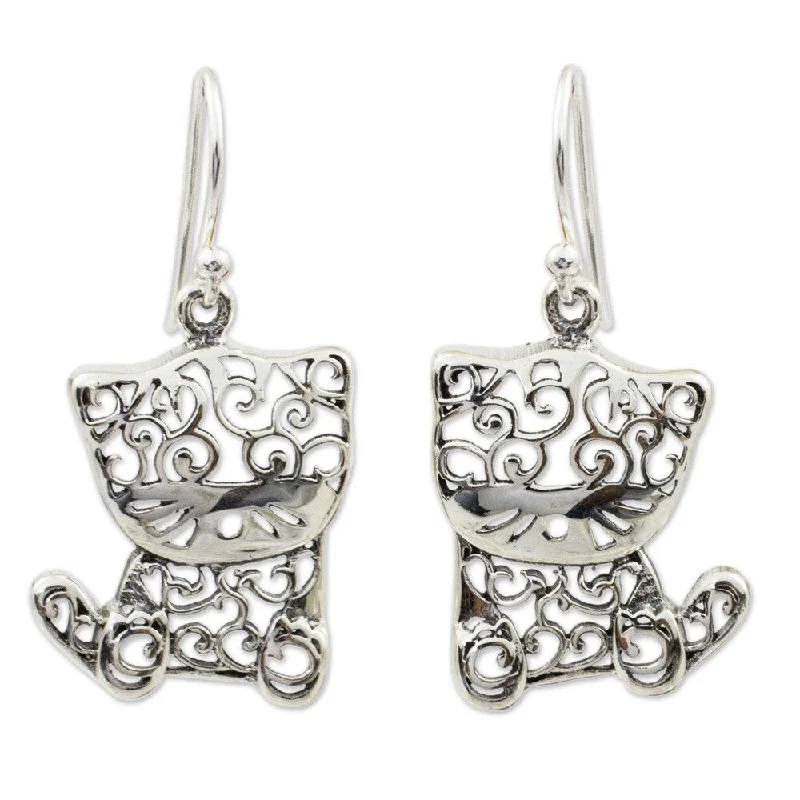 Onyx tip earrings-Handmade Sterling Silver Filigree Kitten Dangling Style Earrings (Thailand)