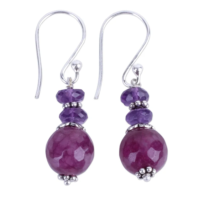 Onyx tip earrings-Handmade Sterling Silver Graceful Amethyst Agate Earrings (India) - 1.5*o.4