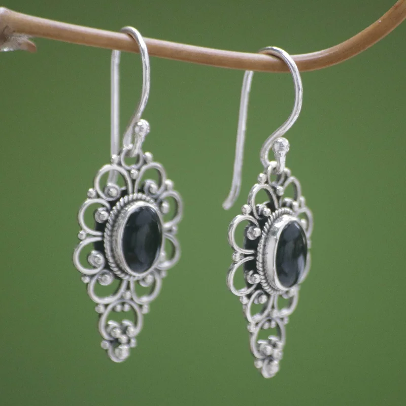 Coiled sprig earrings-Handmade Sterling Silver 'Precious Night' Onyx Dangle Earrings (Indonesia)