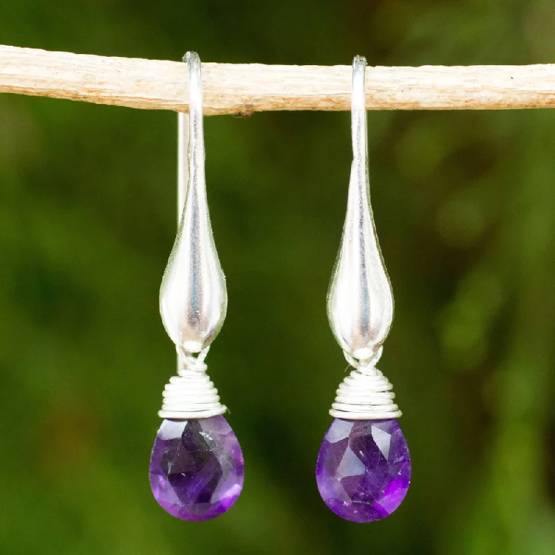 Twin stone earrings-Handmade Sterling Silver 'Sophisticated Purple' Amethyst Earrings (Thailand)