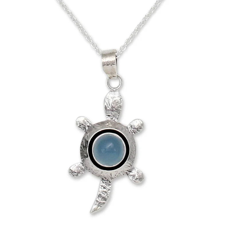 Pocked edge earrings-Handmade Sterling Silver 'Turtle Wisdom' Chalcedony Necklace (India)