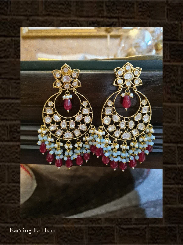 Braided cord earrings-Kundan long earring with sky-blue and ruby drop tassels