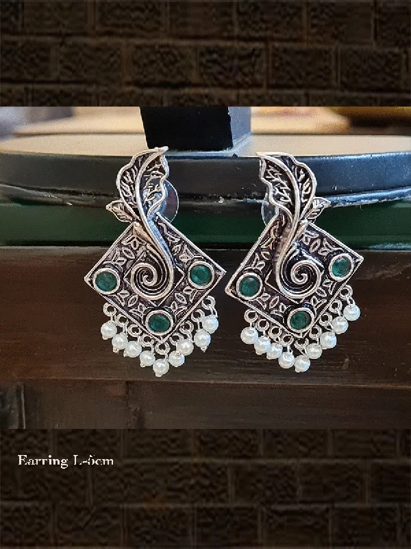 Ash bead earrings-Leaf in square shaped german silver earrings with stones and pearl drops