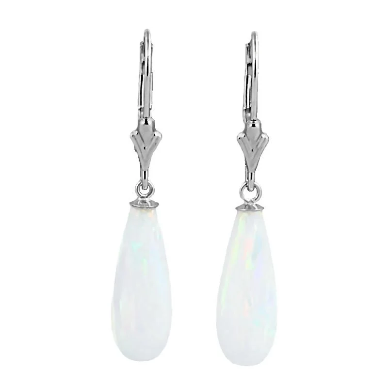 Bamboo braid earrings-Lorraine: 16mm White Created Opal Teardrop Lever Back Earrings 14K White Gold